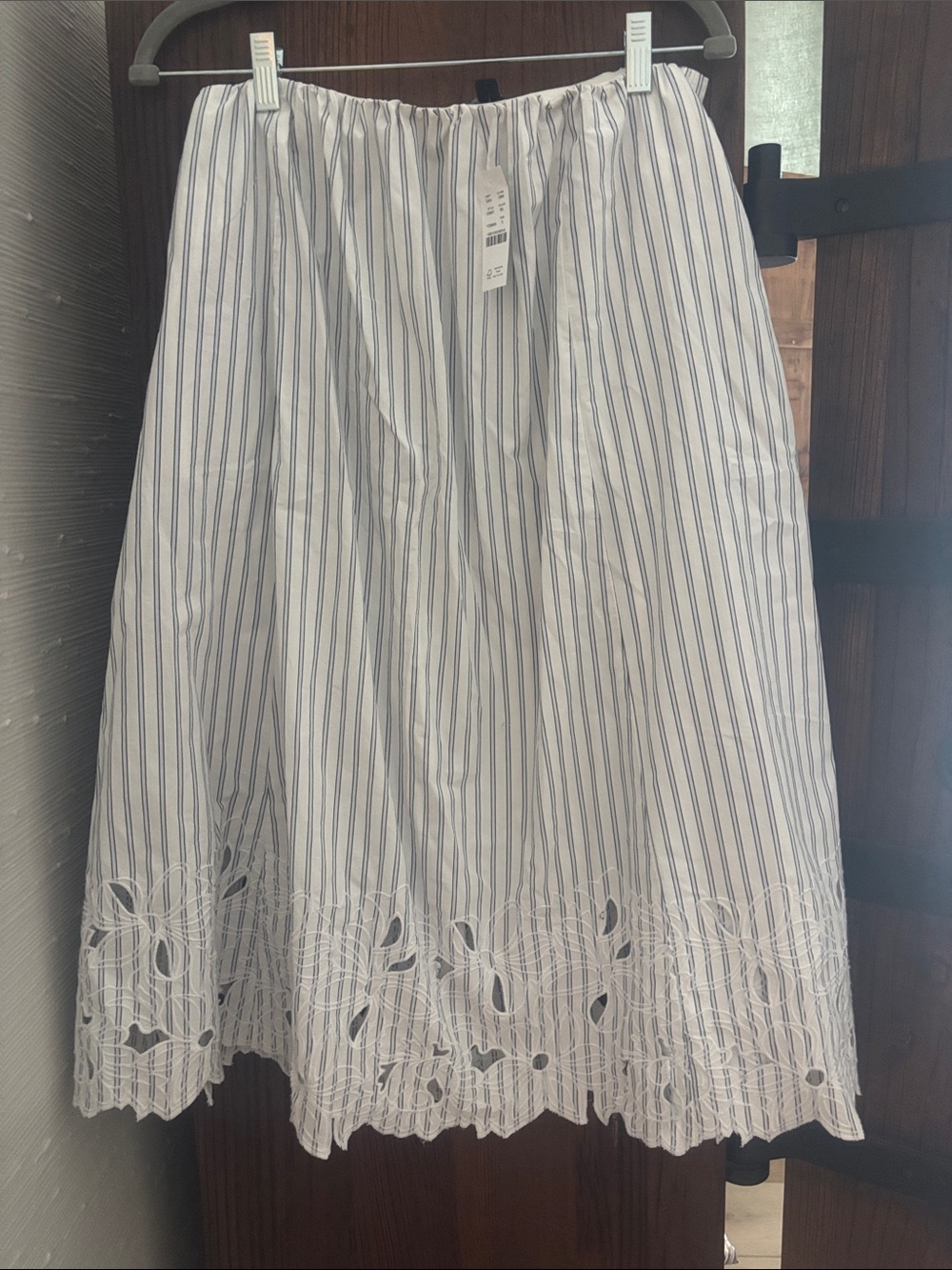 NWT J. Crew White Midi Skirt with Navy Pinstripes and Eyelet Hem